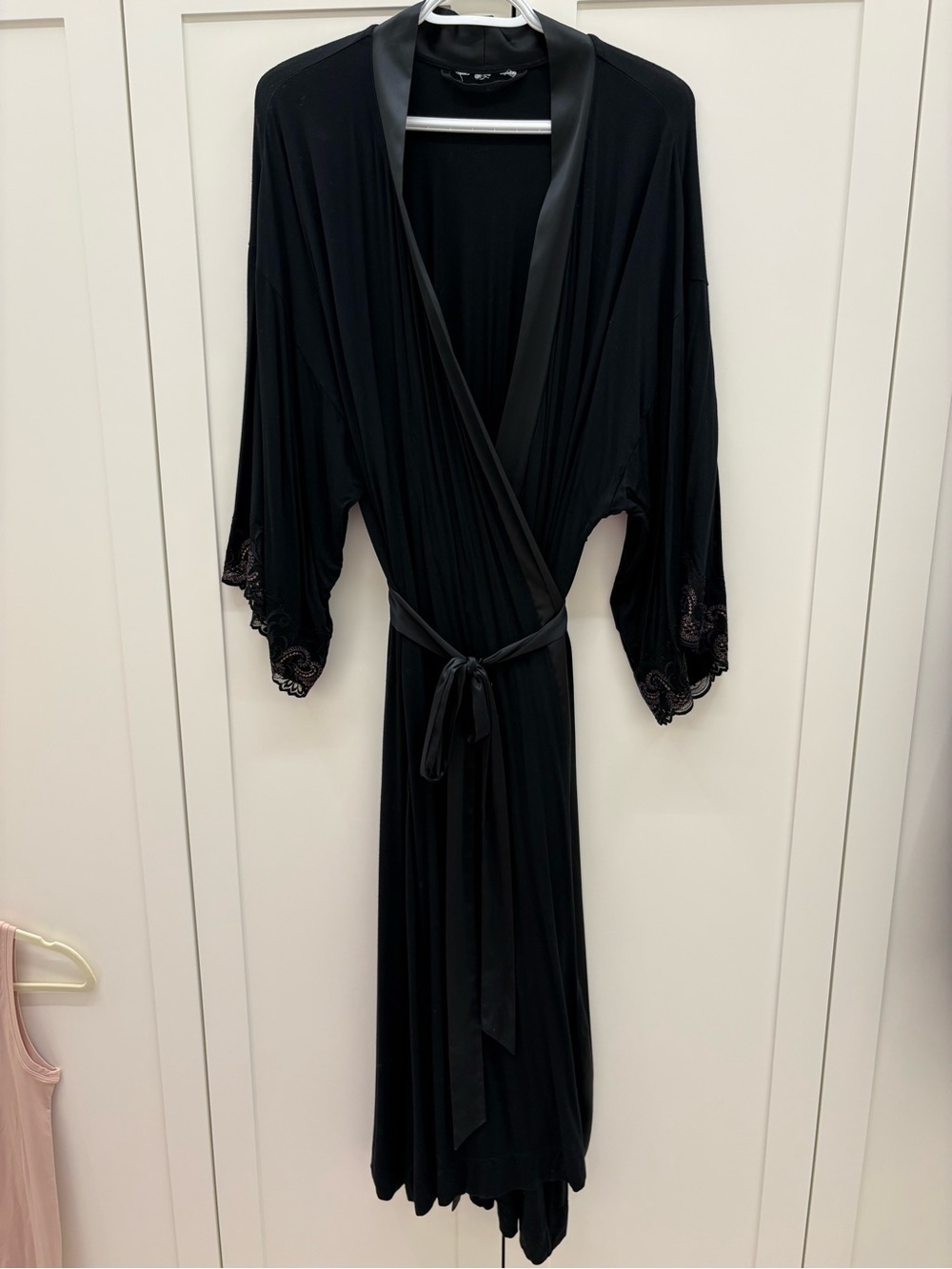 Soma Black Satin-Trim Wrap Robe with Lace Sleeves